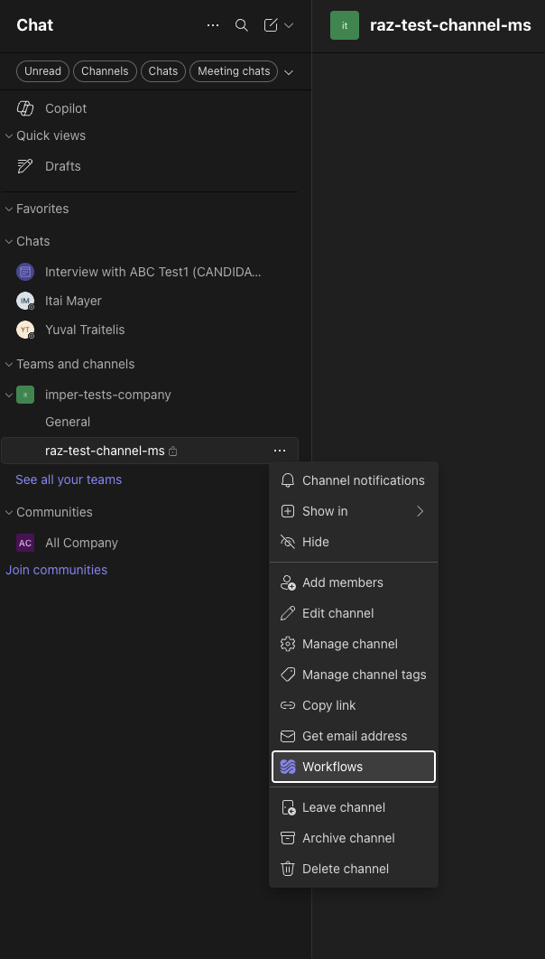 Microsoft Teams sidebar with a channel context menu open and the Workflows option highlighted.
