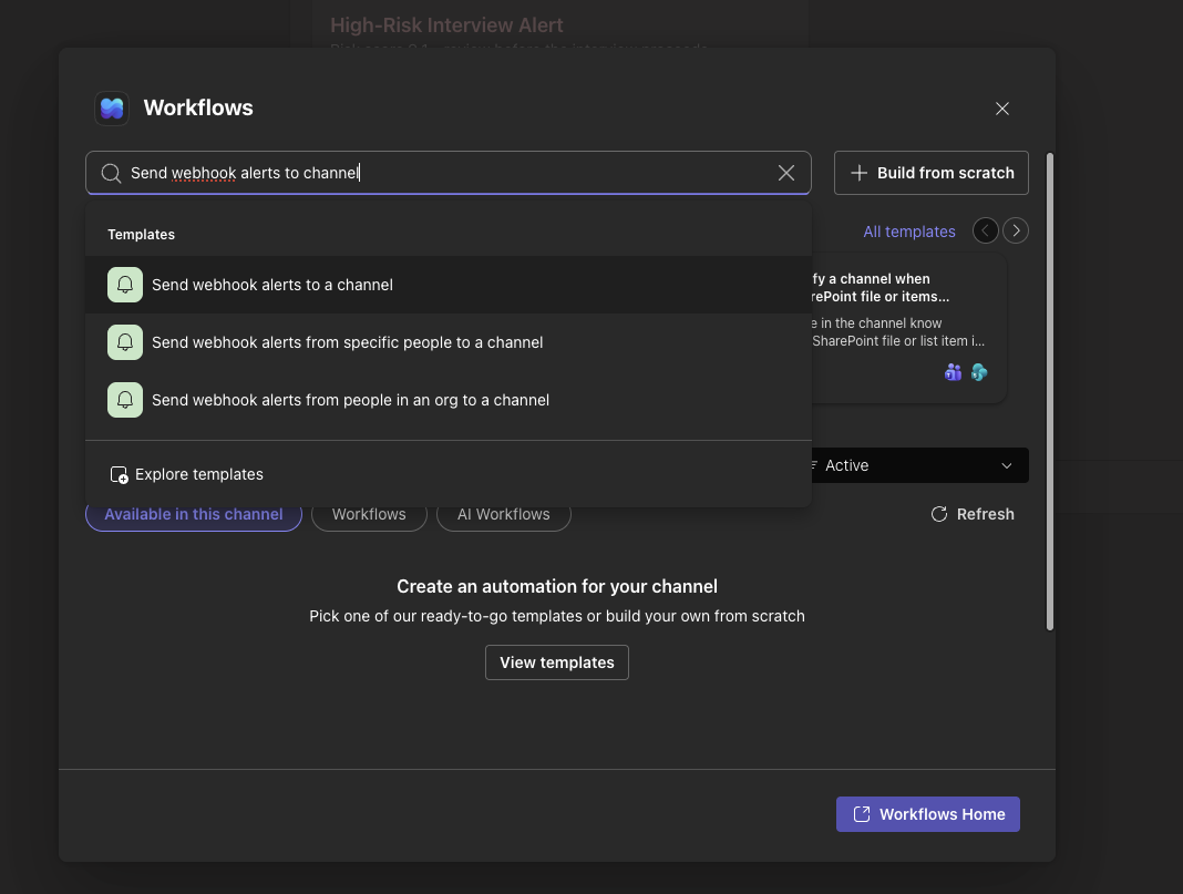 Workflows template gallery listing several similar webhook alert templates.