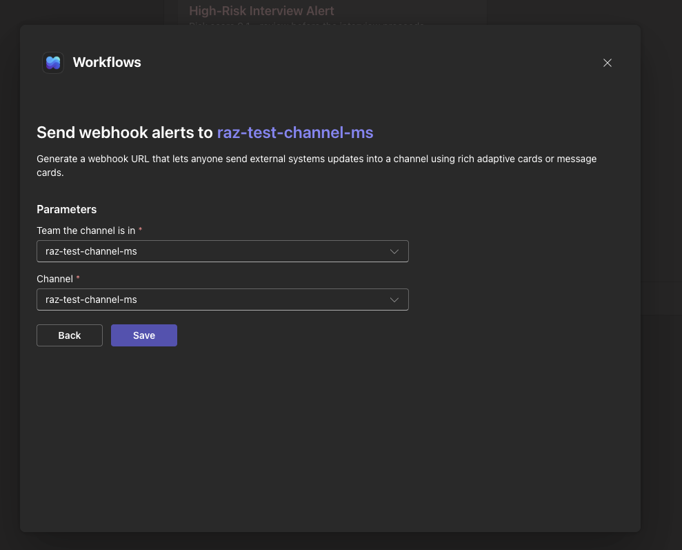 Workflow parameters dialog with the team field incorrectly showing the channel name.