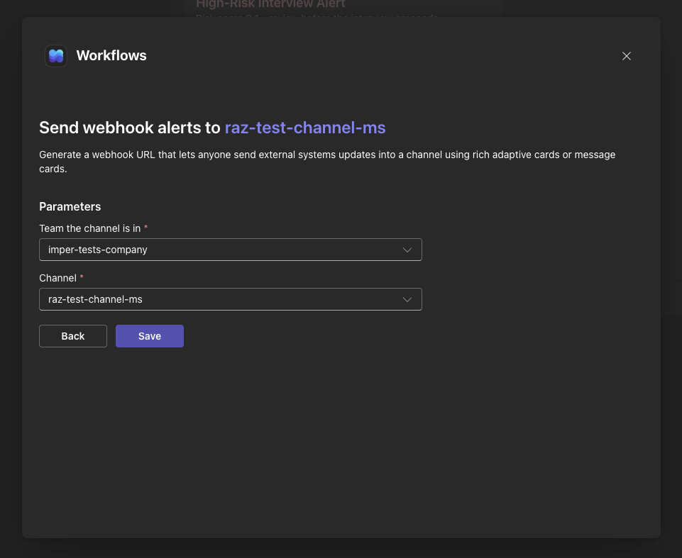 Workflow parameters dialog with the team field corrected to the parent team.