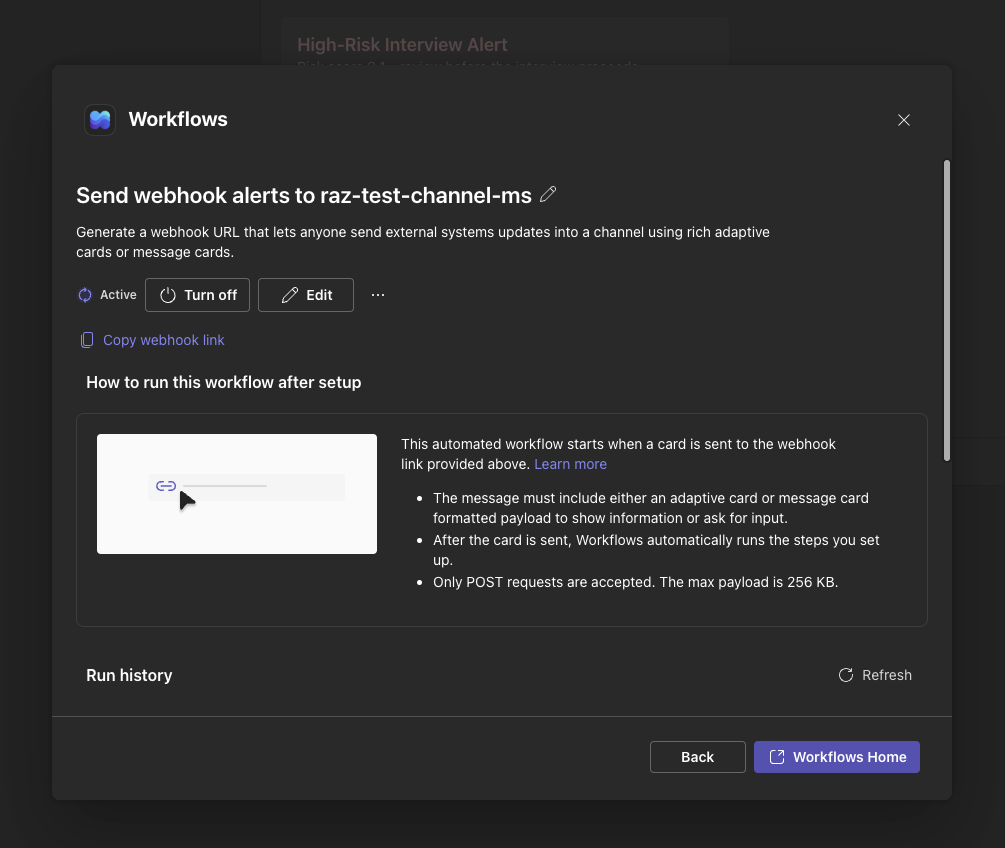 Created workflow shown as Active, with a Copy webhook link control and run history.