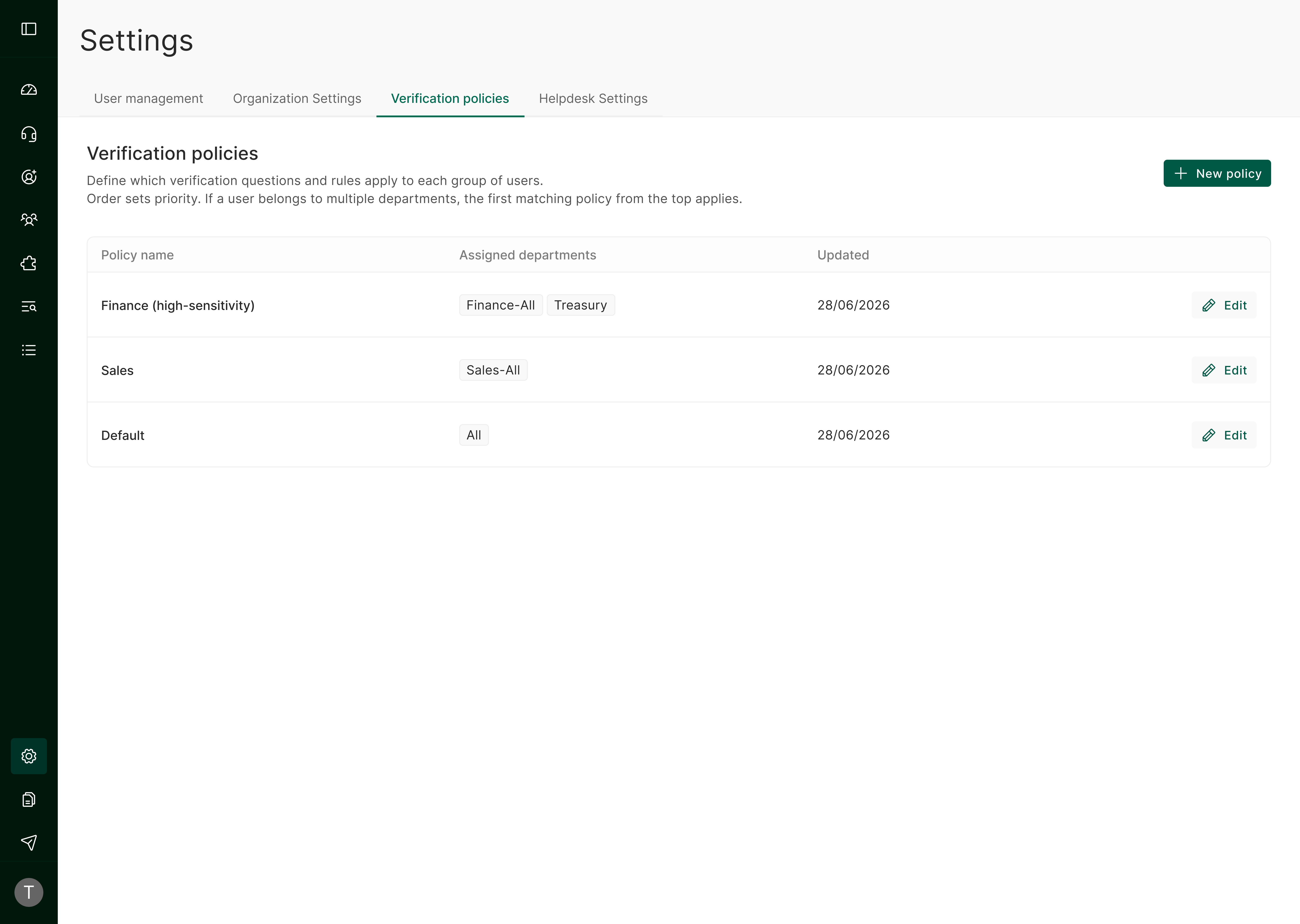 Verification Policies list page, showing the policy table and the New Policy button.