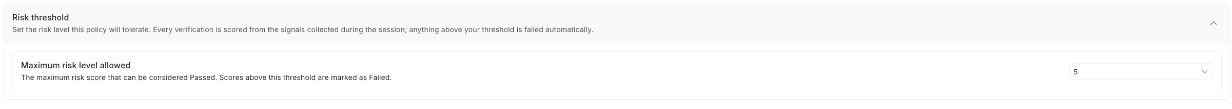 The Risk threshold setting on the policy edit screen, with the Maximum risk level allowed control set to 5.