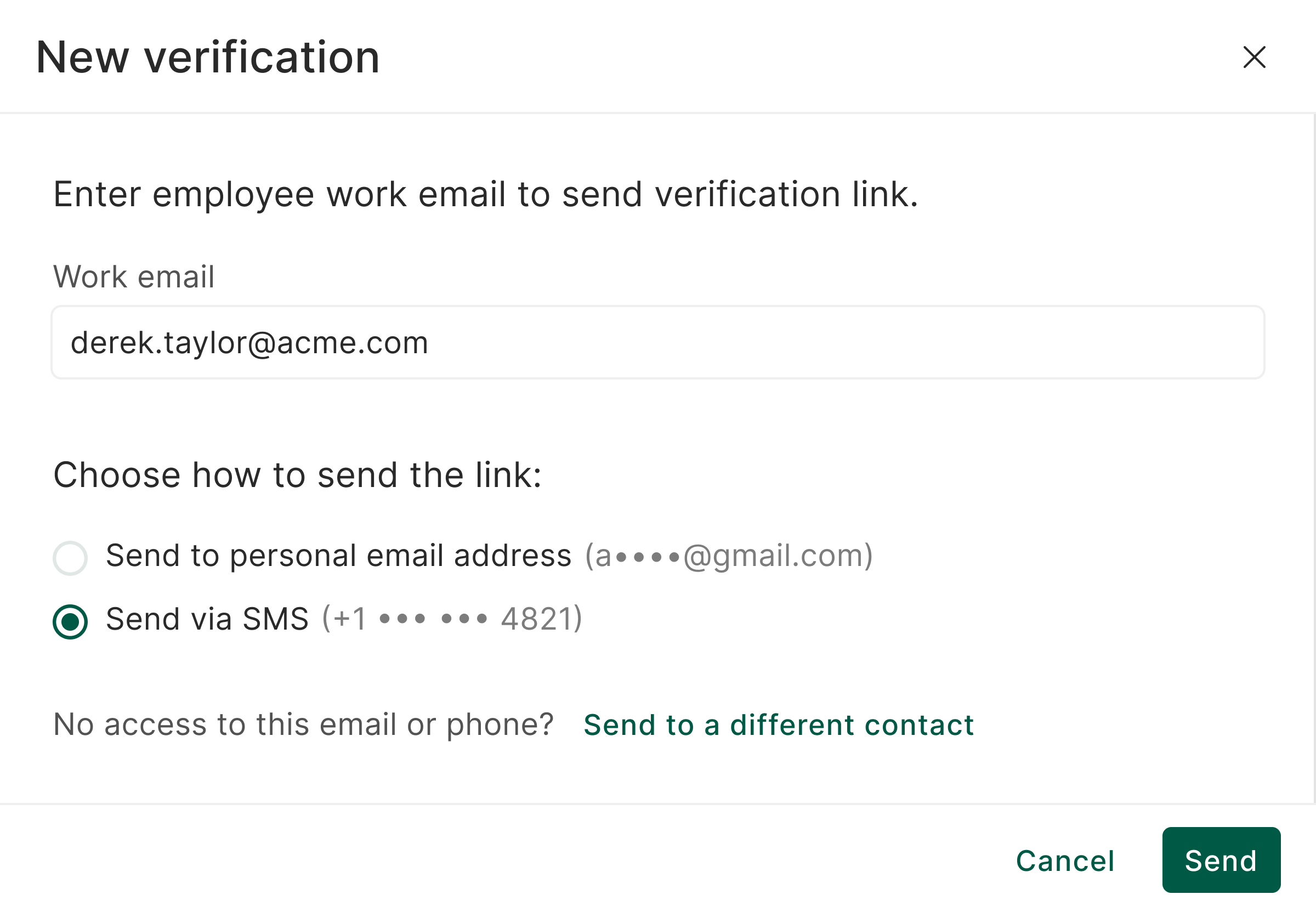 The New verification modal with a personal contact on file, autofilled and masked.