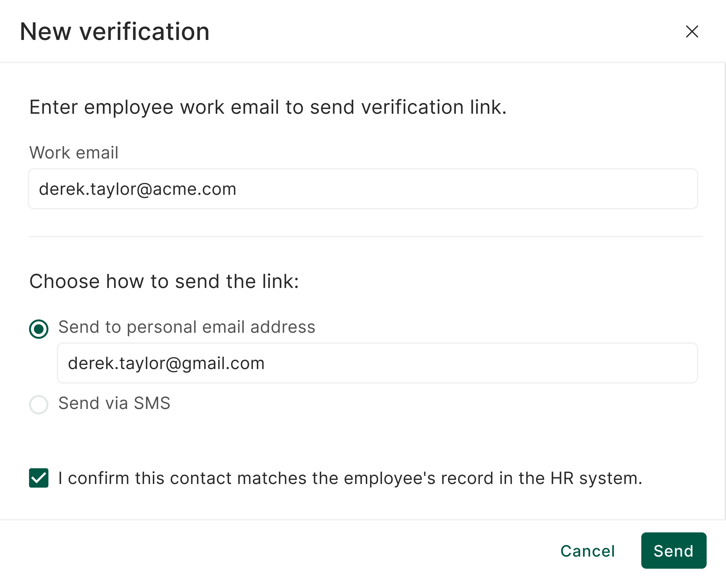 The New verification modal with no personal contact on file, showing a manually entered personal email and the consent checkbox confirming the contact matches the employee's HR record.
