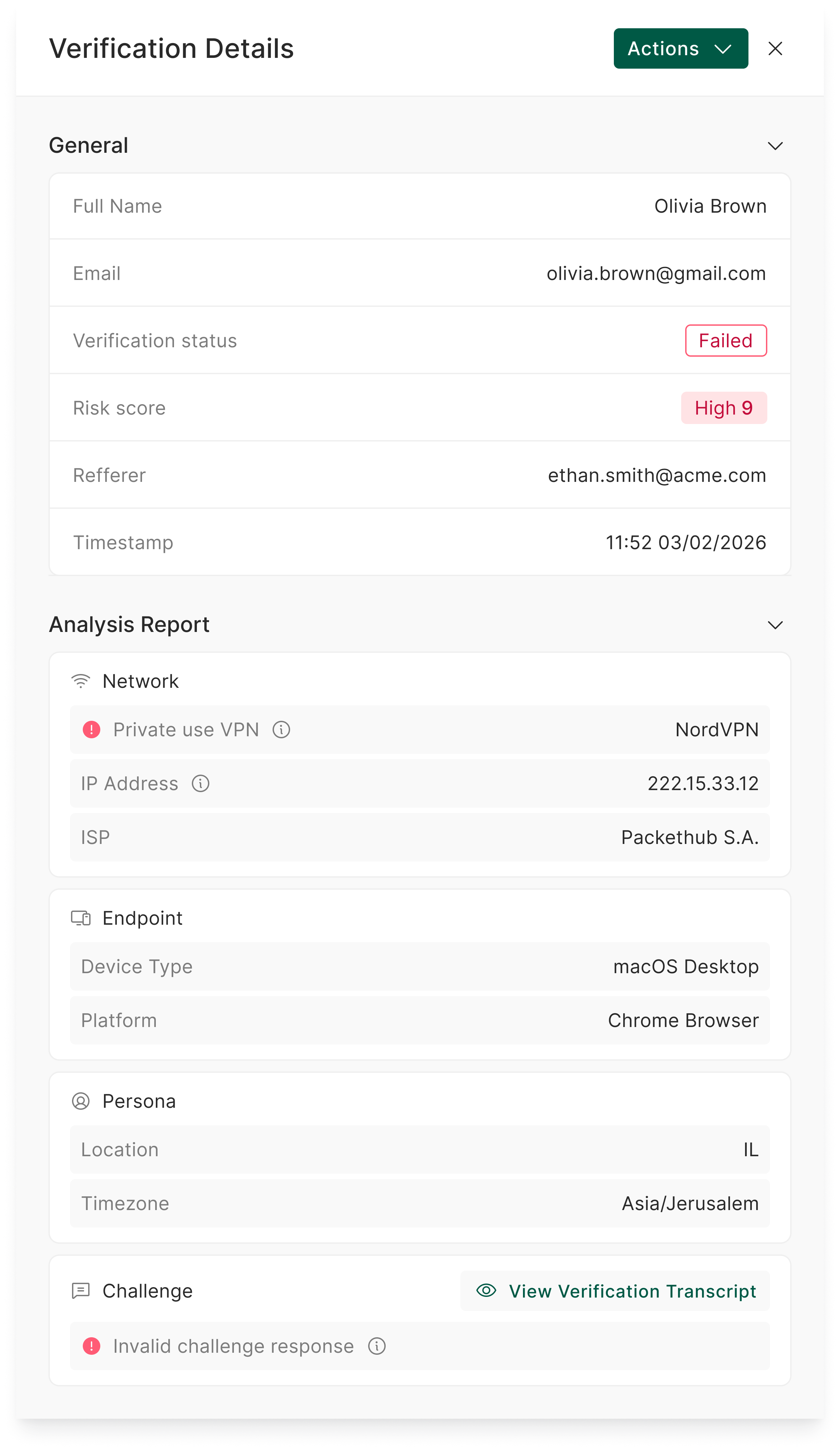 Verification Summary panel for a failed verification with no action performed, showing participant info, verification status, risk score, and the analysis report.