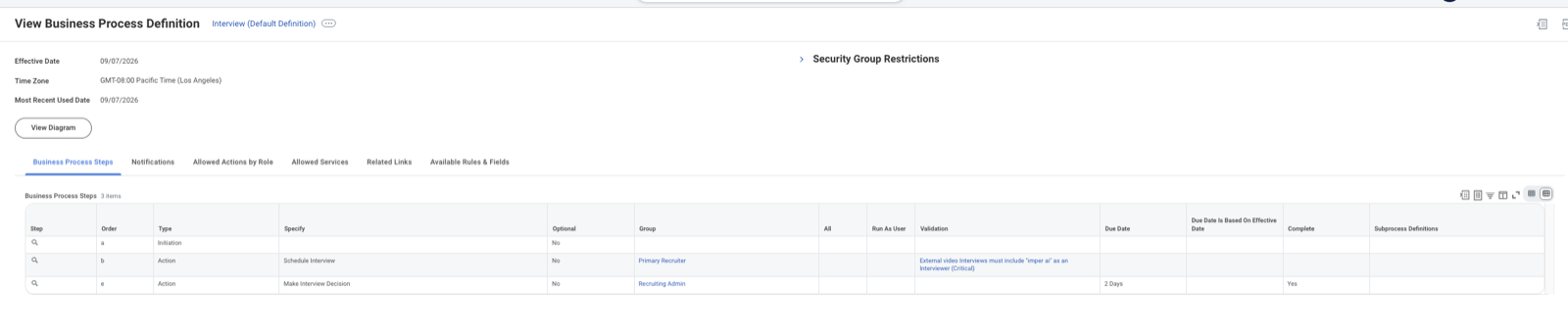 Workday View Business Process Definition for Interview, showing the Schedule Interview step with one Critical validation requiring "imper ai" as an interviewer on external video interviews.