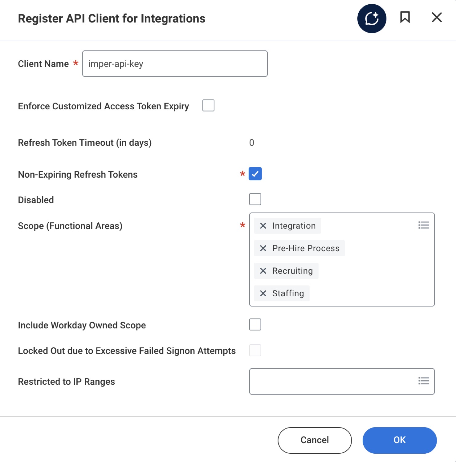 Filled in: client name imper-api-key, Non-Expiring Refresh Tokens checked, and the four functional-area scopes.