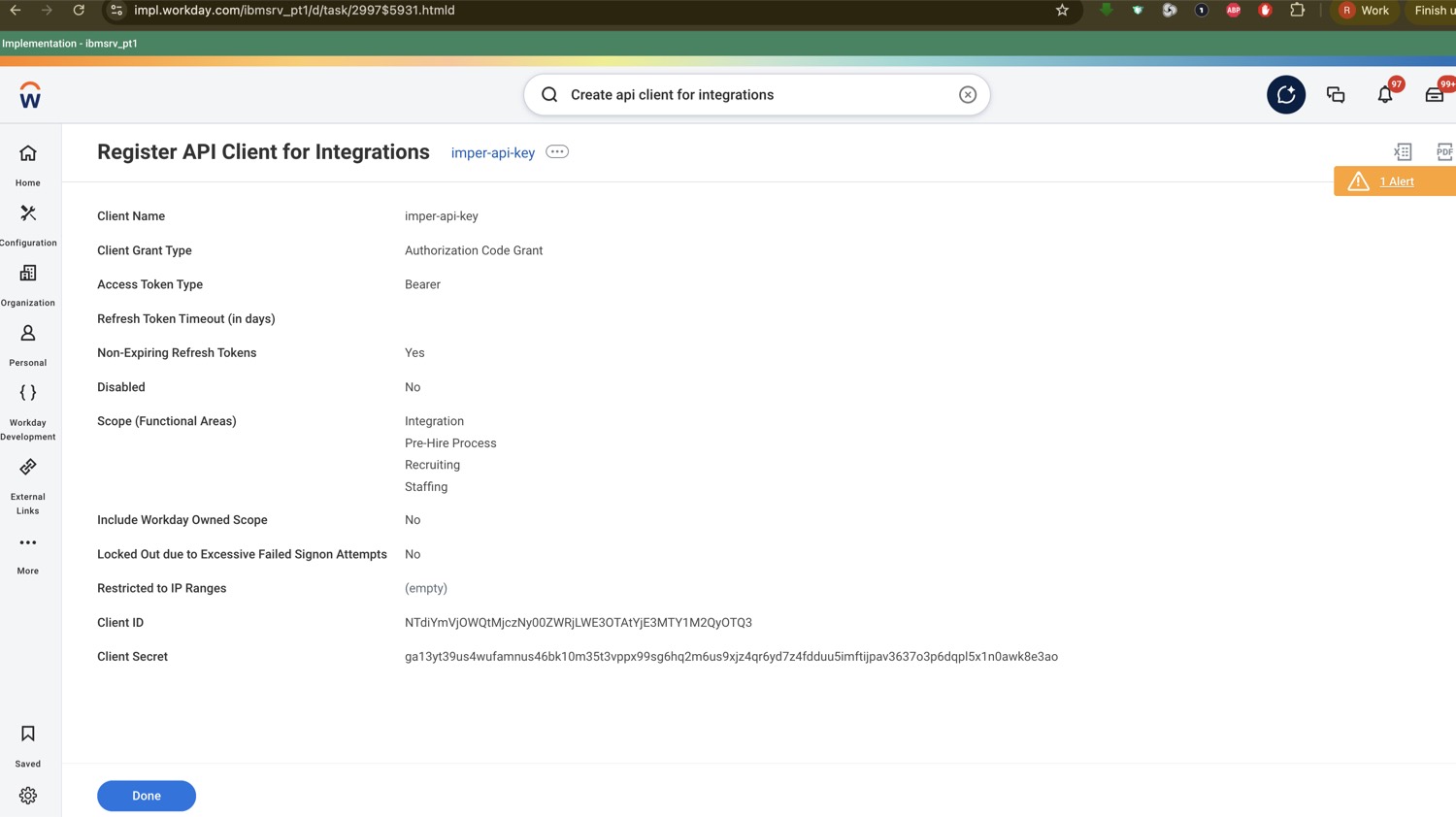 The registered client: Authorization Code Grant, Bearer, Non-Expiring Refresh Tokens = Yes, and the Client ID and Client Secret to copy.
