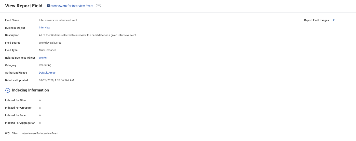 Workday report field definition for Interviewers for Interview Event, a Workday Delivered multi-instance field on the Interview business object with Worker as its related business object, described as all of the Workers selected to interview the candidate for a given interview event.