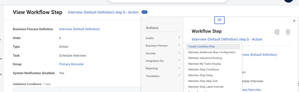 Workday View Workflow Step for the Schedule Interview step, with the Related Actions menu open, the Business Process category expanded, and Create Condition Rule highlighted as the first entry.